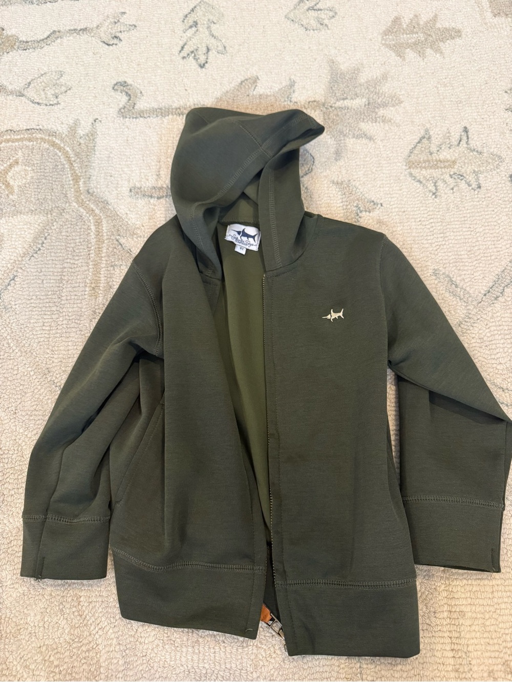 Kids Olive Green Hooded Jacket with Shark Embroidery